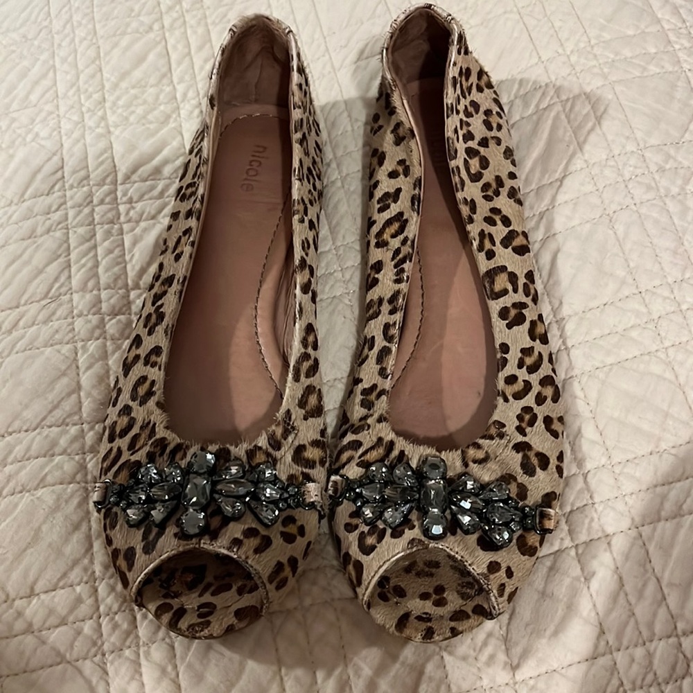 Nicole peep toe rhinestone and hair calf flats. Size 10.